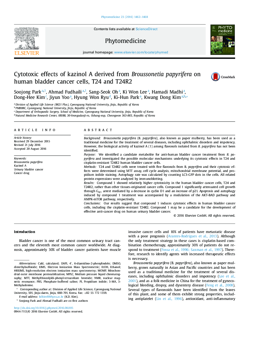 Cytotoxic effects of kazinol A derived from Broussonetia papyrifera on human bladder cancer cells, T24 and T24R2