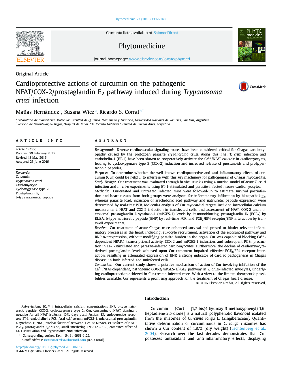 Cardioprotective actions of curcumin on the pathogenic NFAT/COX-2/prostaglandin E2 pathway induced during Trypanosoma cruzi infection