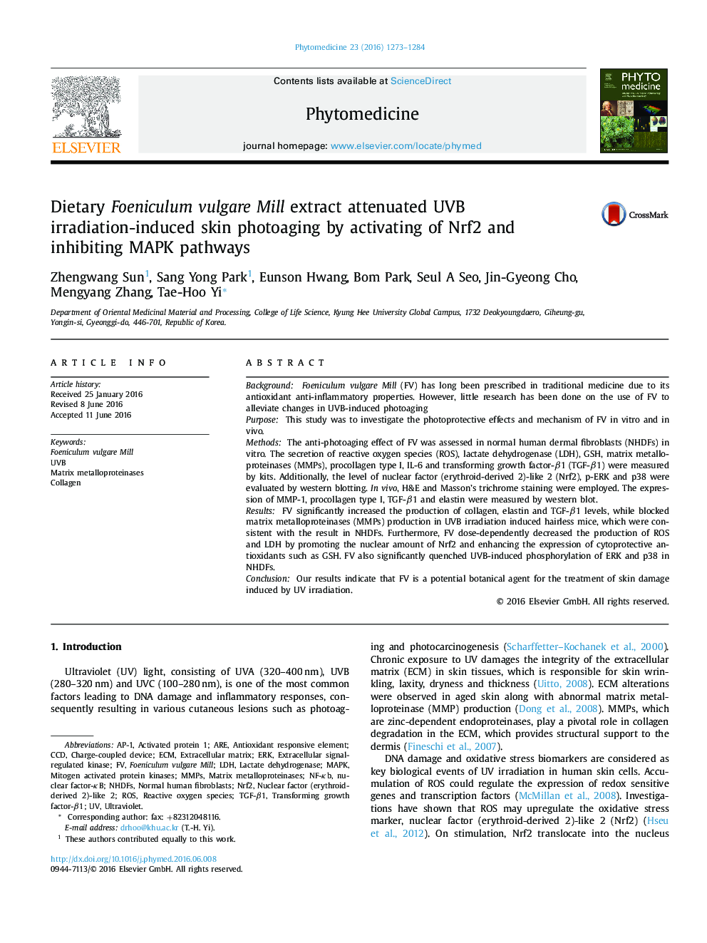 Dietary Foeniculum vulgare Mill extract attenuated UVB irradiation-induced skin photoaging by activating of Nrf2 and inhibiting MAPK pathways