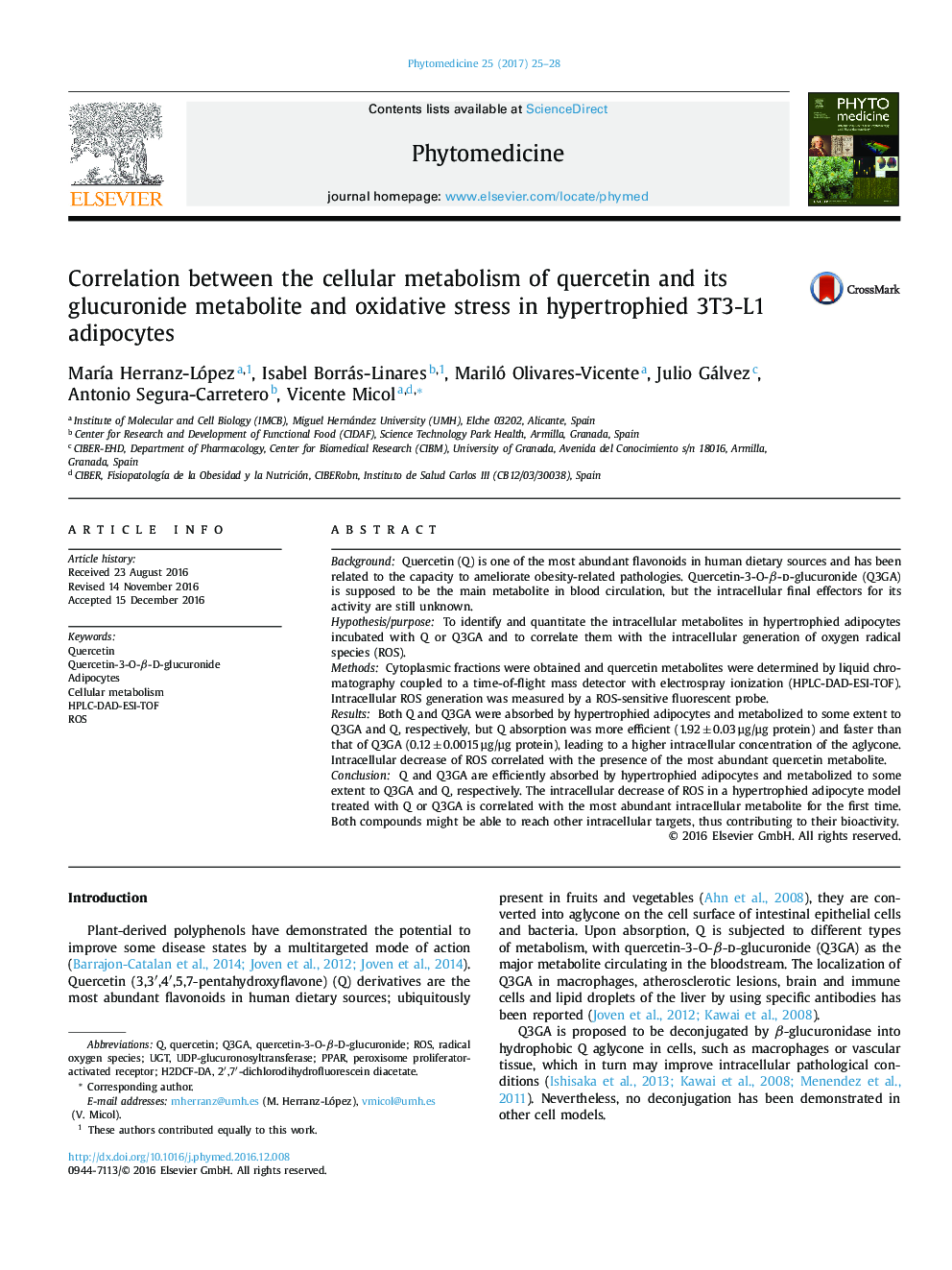 Correlation between the cellular metabolism of quercetin and its glucuronide metabolite and oxidative stress in hypertrophied 3T3-L1 adipocytes