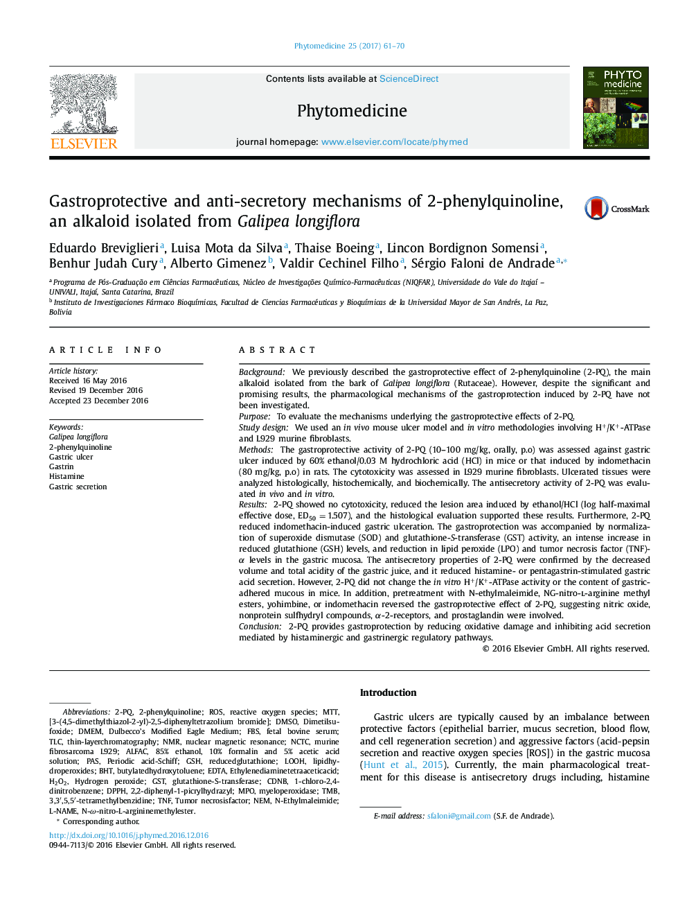 Gastroprotective and anti-secretory mechanisms of 2-phenylquinoline, an alkaloid isolated from Galipea longiflora