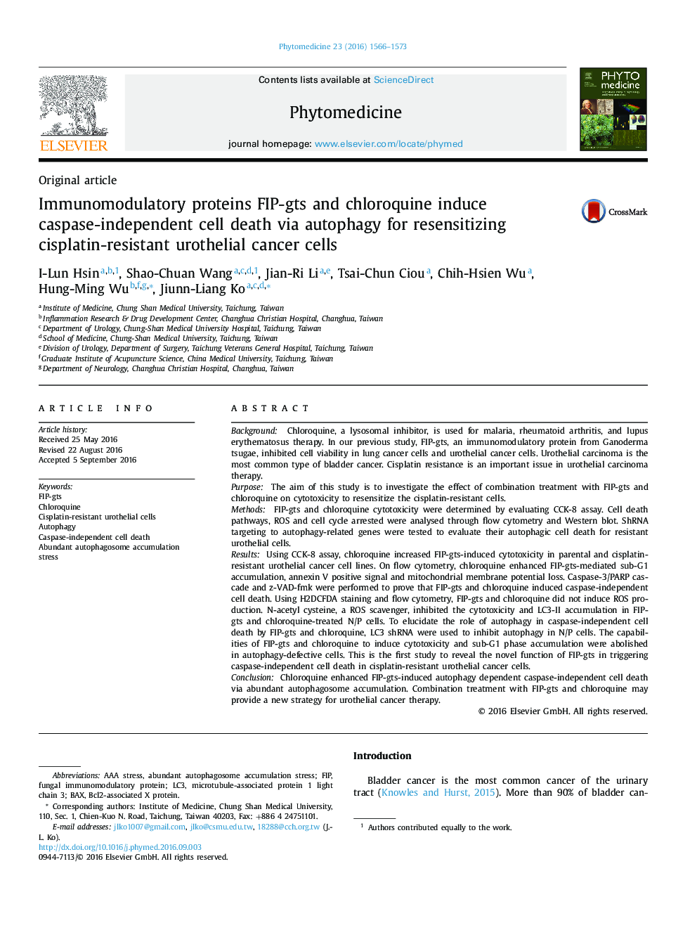 Immunomodulatory proteins FIP-gts and chloroquine induce caspase-independent cell death via autophagy for resensitizing cisplatin-resistant urothelial cancer cells