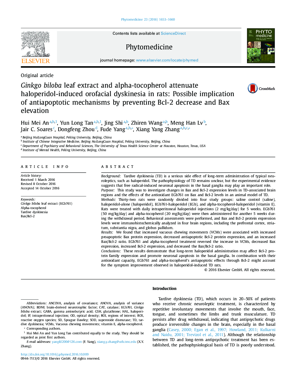 Ginkgo biloba leaf extract and alpha-tocopherol attenuate haloperidol-induced orofacial dyskinesia in rats: Possible implication of antiapoptotic mechanisms by preventing Bcl-2 decrease and Bax elevation