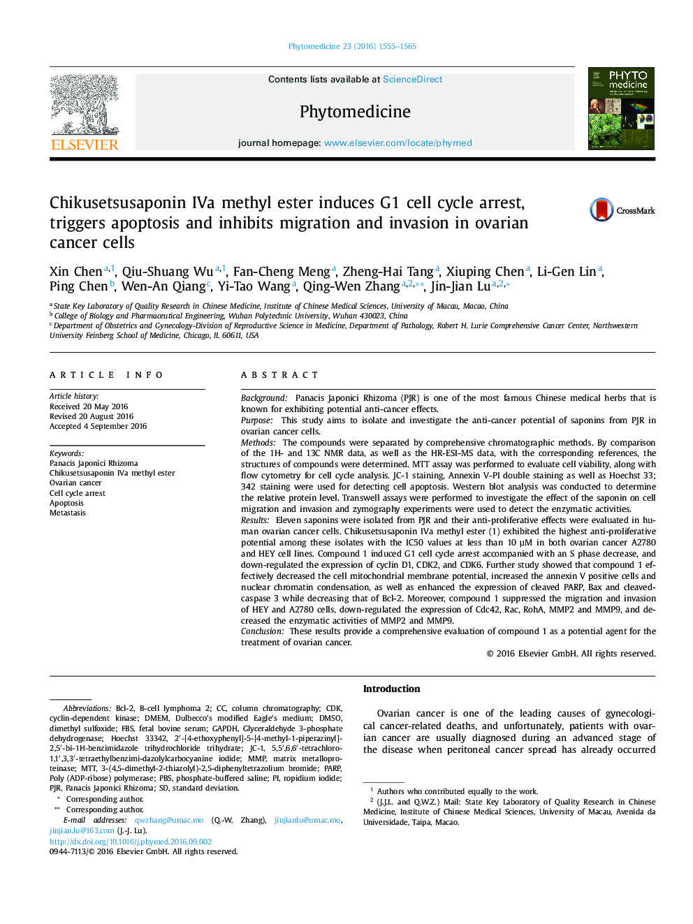 Chikusetsusaponin IVa methyl ester induces G1 cell cycle arrest, triggers apoptosis and inhibits migration and invasion in ovarian cancer cells