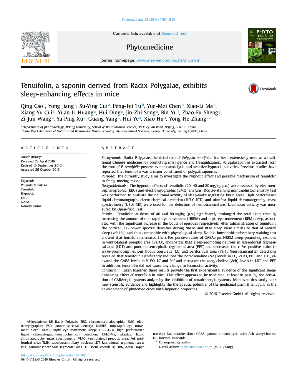 Tenuifolin, a saponin derived from Radix Polygalae, exhibits sleep-enhancing effects in mice