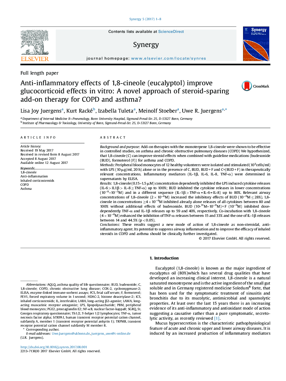 Anti-inflammatory effects of 1,8-cineole (eucalyptol) improve glucocorticoid effects in vitro: A novel approach of steroid-sparing add-on therapy for COPD and asthma?