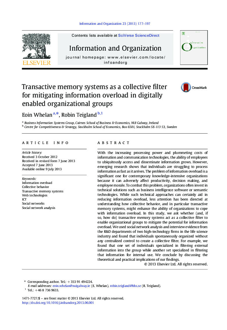 Transactive memory systems as a collective filter for mitigating information overload in digitally enabled organizational groups