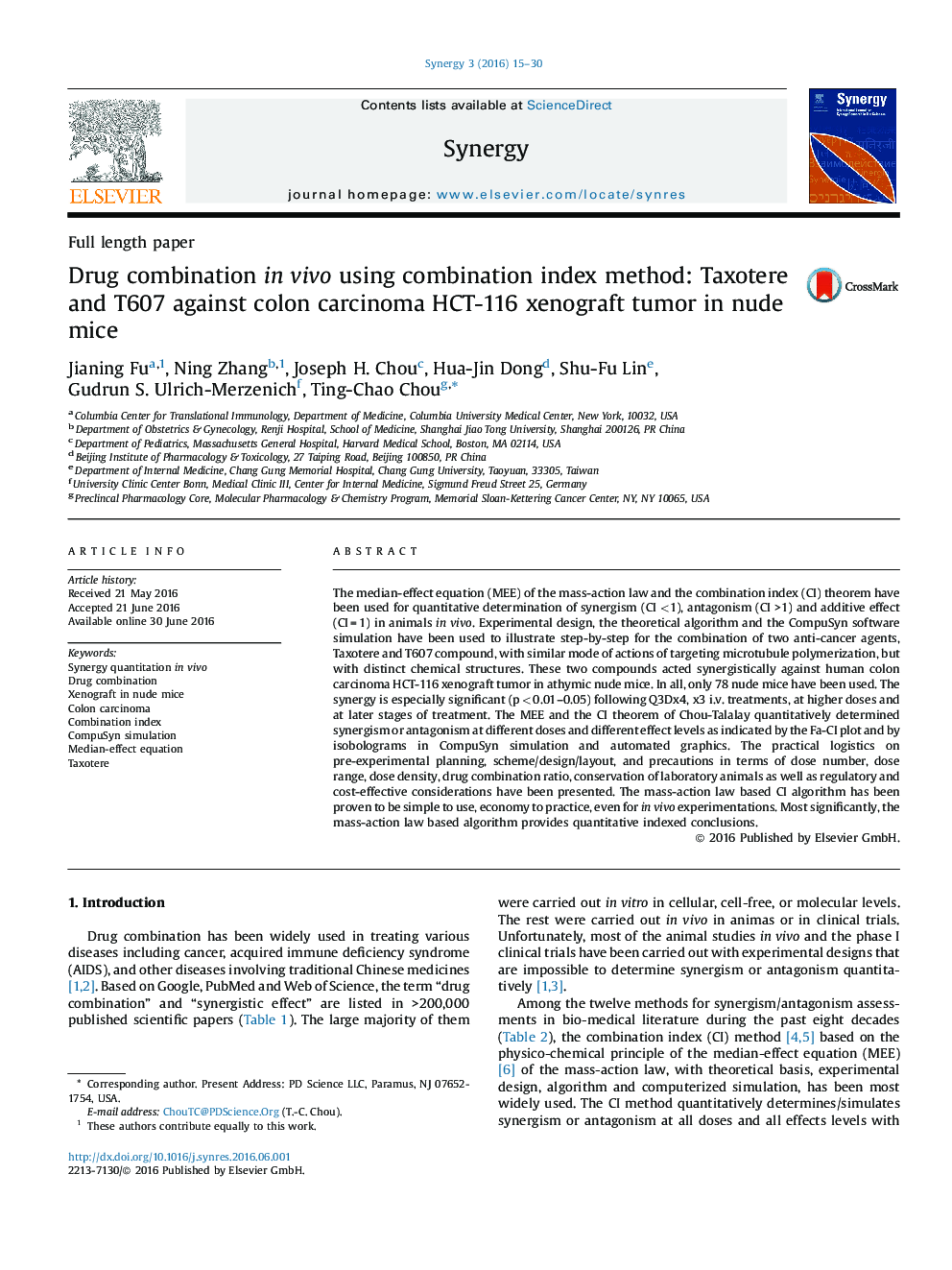 Drug combination in vivo using combination index method: Taxotere and T607 against colon carcinoma HCT-116 xenograft tumor in nude mice