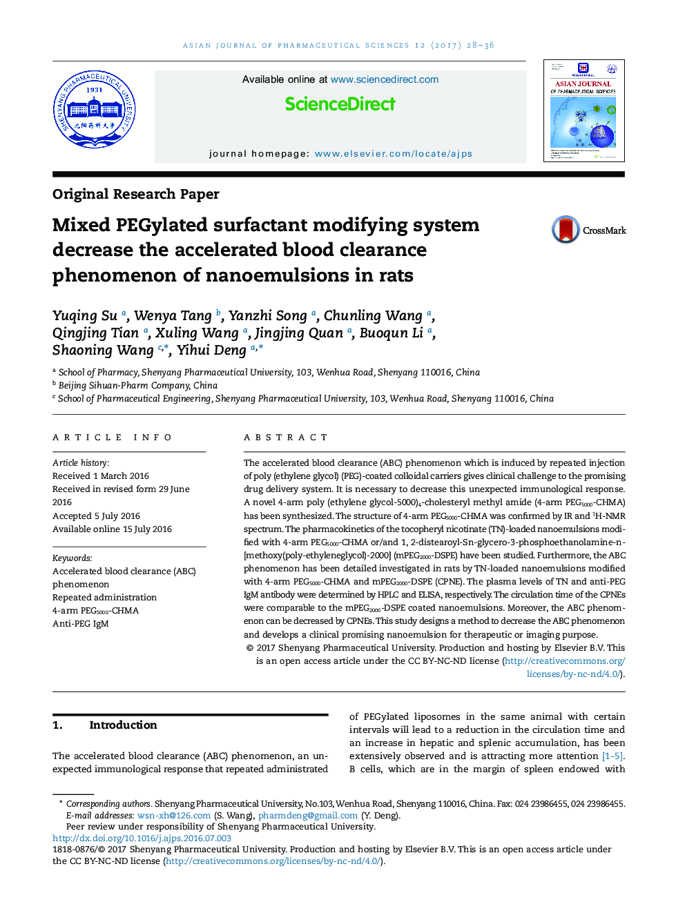 Mixed PEGylated surfactant modifying system decrease the accelerated blood clearance phenomenon of nanoemulsions in rats