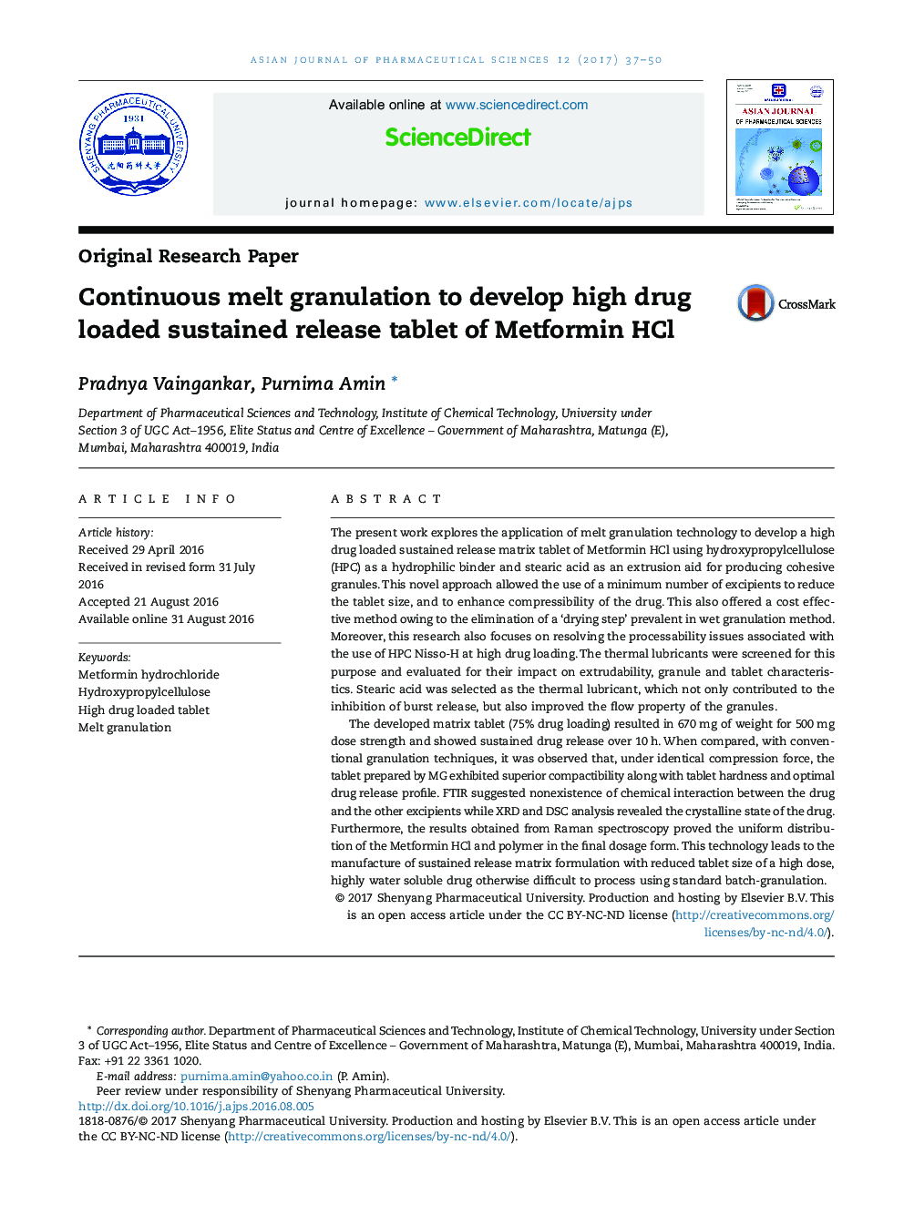 Continuous melt granulation to develop high drug loaded sustained release tablet of Metformin HCl