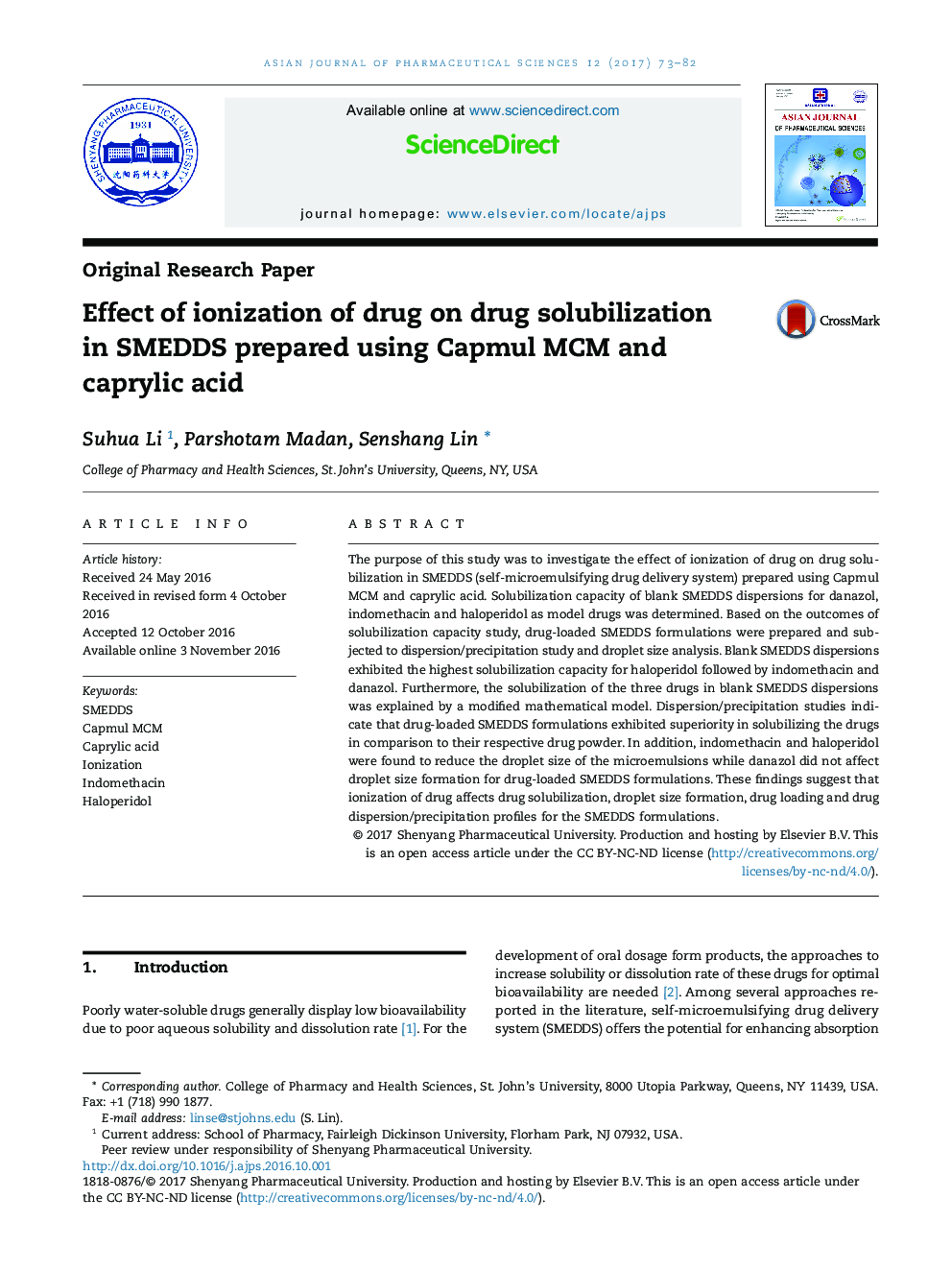 Effect of ionization of drug on drug solubilization in SMEDDS prepared using Capmul MCM and caprylic acid