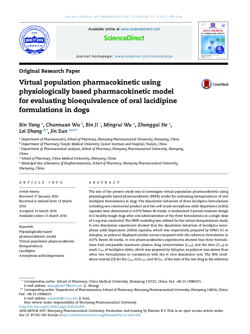 Virtual population pharmacokinetic using physiologically based pharmacokinetic model for evaluating bioequivalence of oral lacidipine formulations in dogs