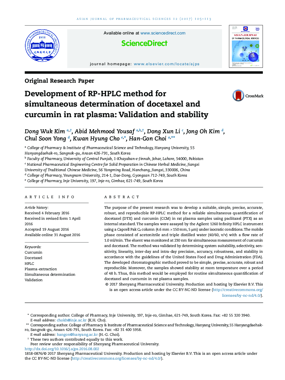 Development of RP-HPLC method for simultaneous determination of docetaxel and curcumin in rat plasma: Validation and stability