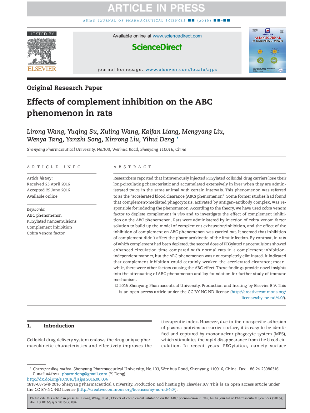 Effects of complement inhibition on the ABC phenomenon in rats