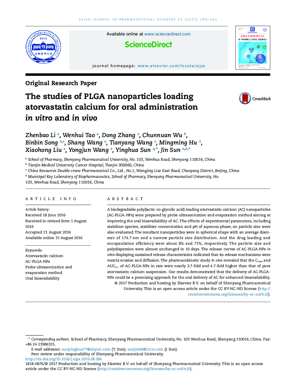 The studies of PLGA nanoparticles loading atorvastatin calcium for oral administration in vitro and in vivo