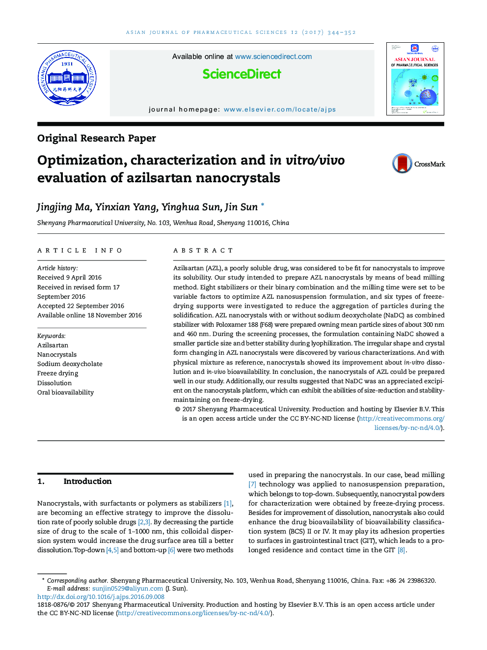 Optimization, characterization and in vitro/vivo evaluation of azilsartan nanocrystals