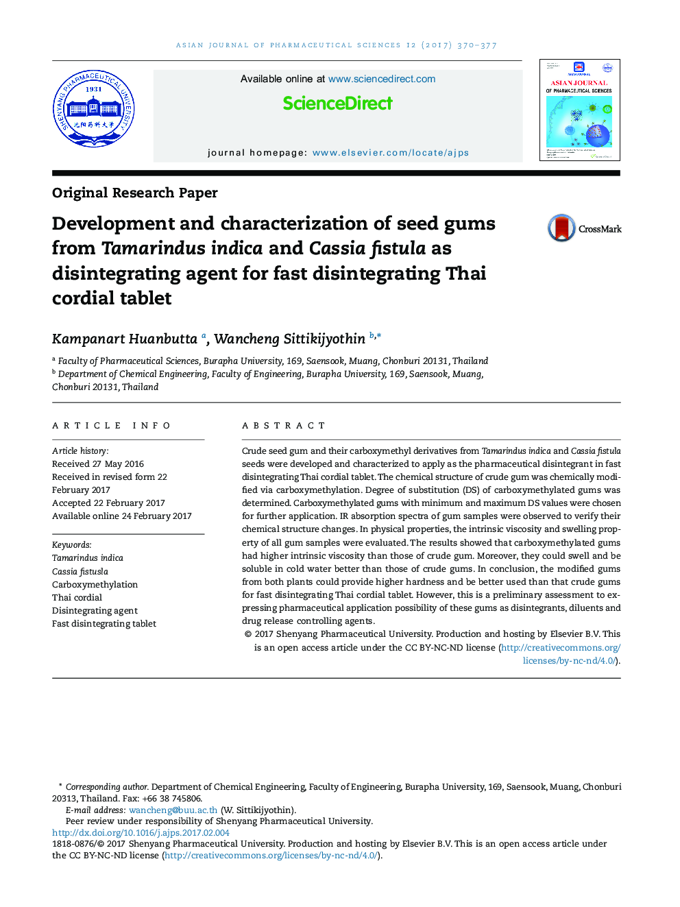 Development and characterization of seed gums from Tamarindus indica and Cassia fistula as disintegrating agent for fast disintegrating Thai cordial tablet