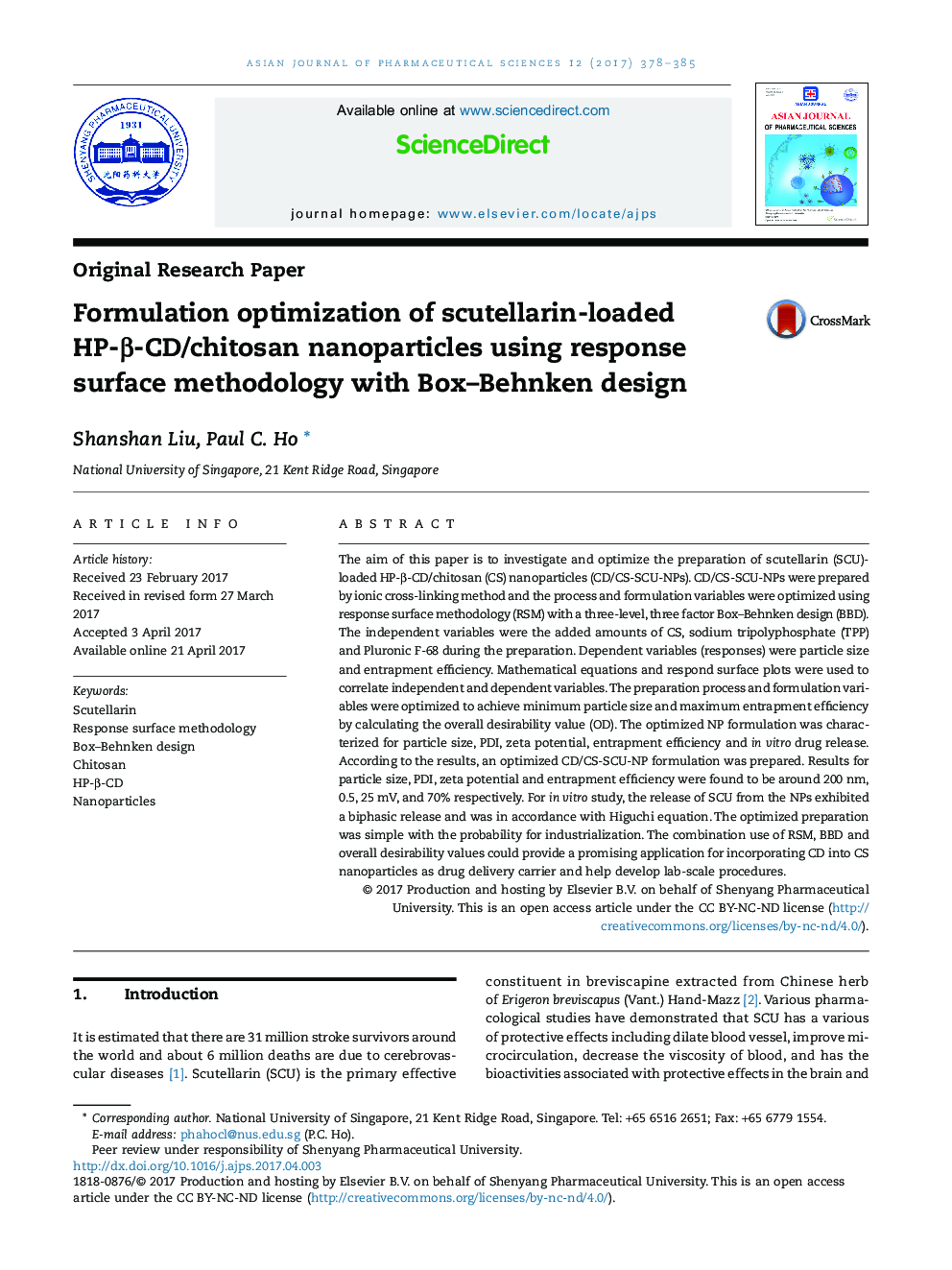 Formulation optimization of scutellarin-loaded HP-Î²-CD/chitosan nanoparticles using response surface methodology with Box-Behnken design