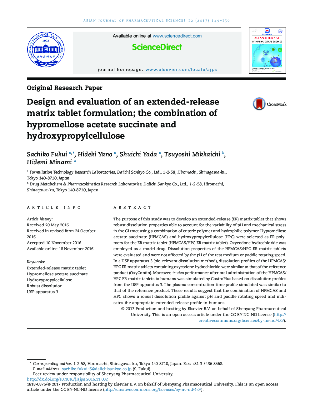 Design and evaluation of an extended-release matrix tablet formulation; the combination of hypromellose acetate succinate and hydroxypropylcellulose