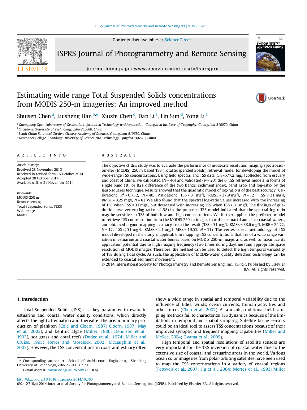 Estimating wide range Total Suspended Solids concentrations from MODIS 250-m imageries: An improved method