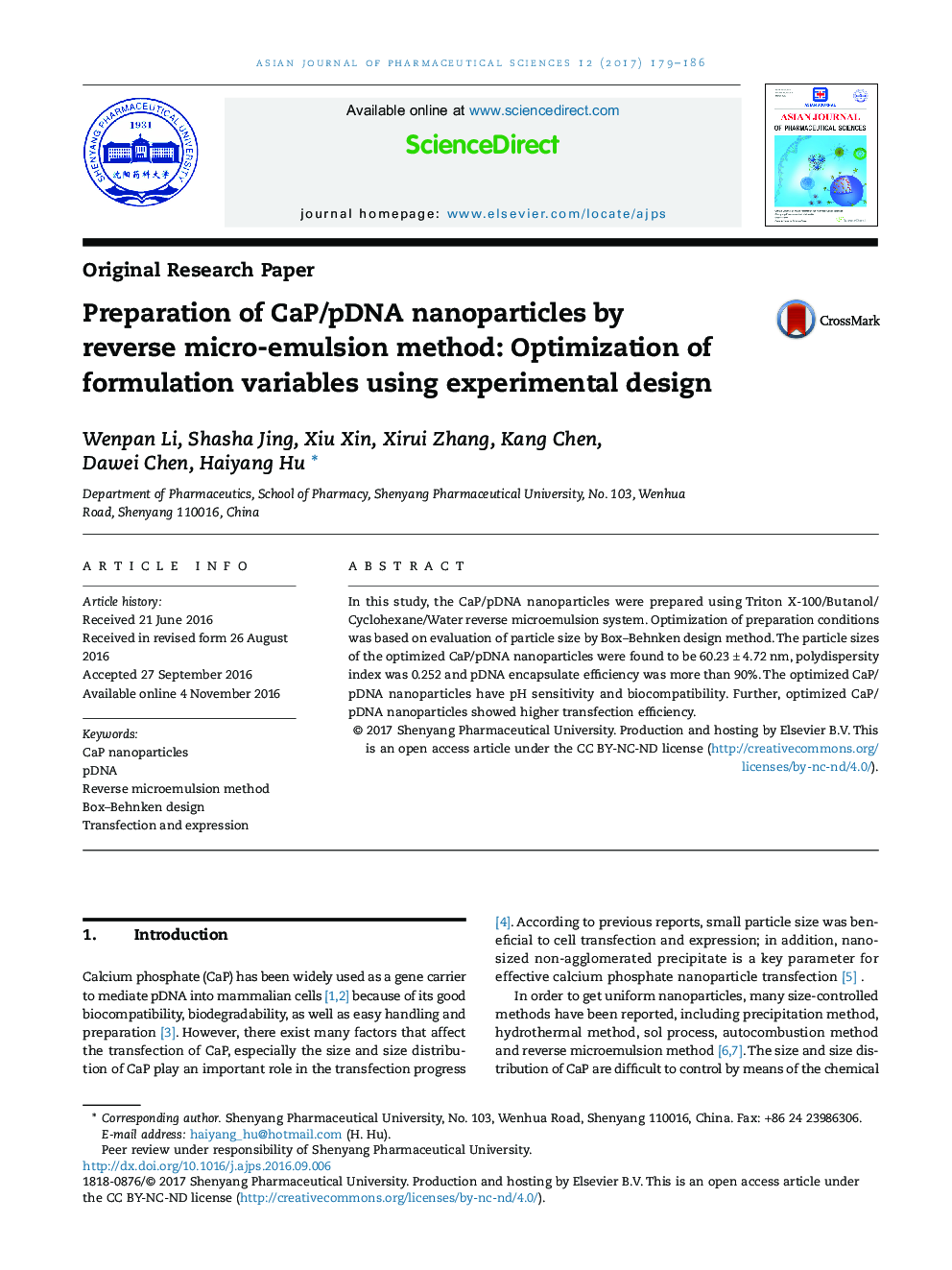 Preparation of CaP/pDNA nanoparticles by reverse micro-emulsion method: Optimization of formulation variables using experimental design