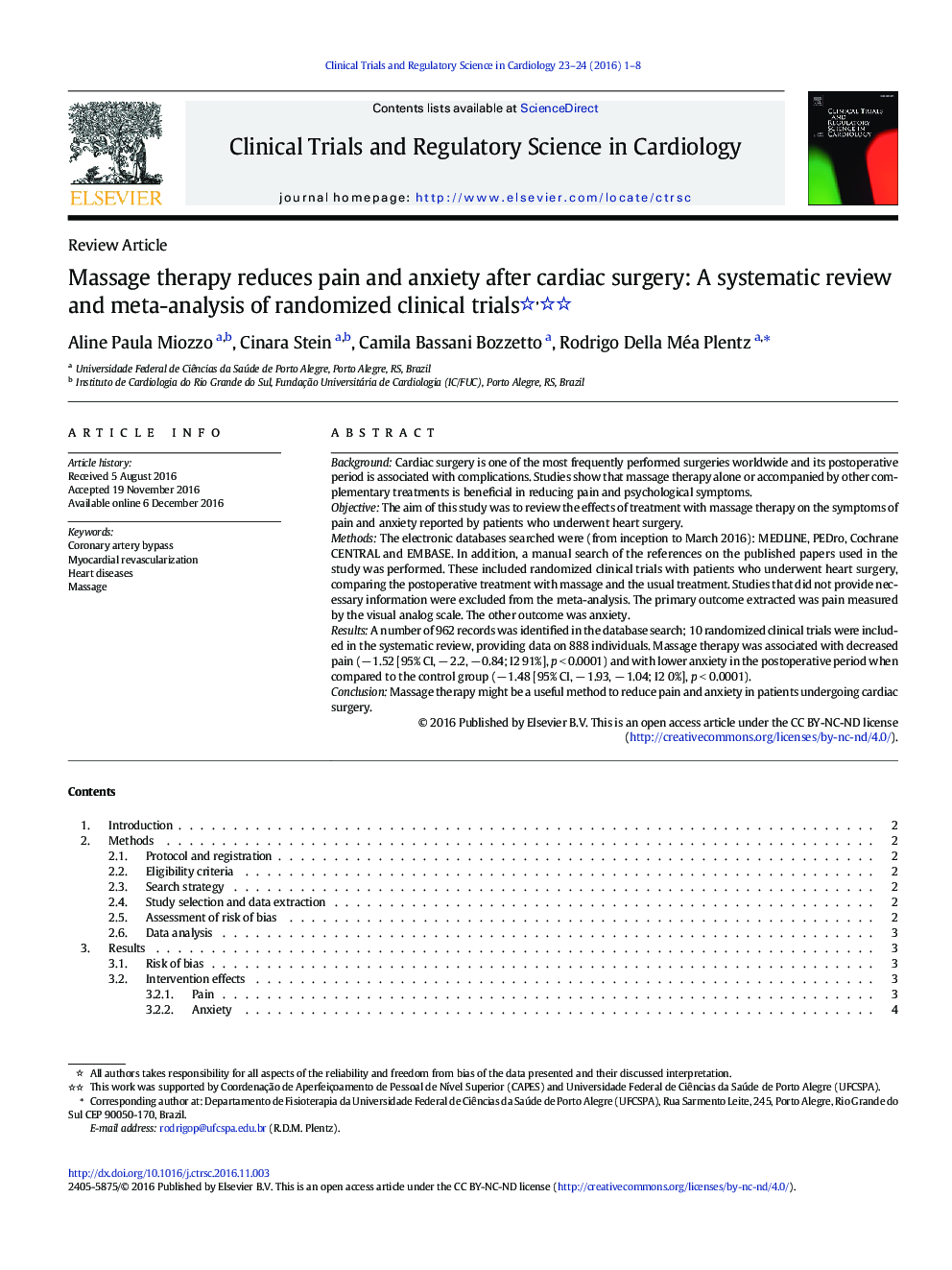 Massage therapy reduces pain and anxiety after cardiac surgery: A systematic review and meta-analysis of randomized clinical trials