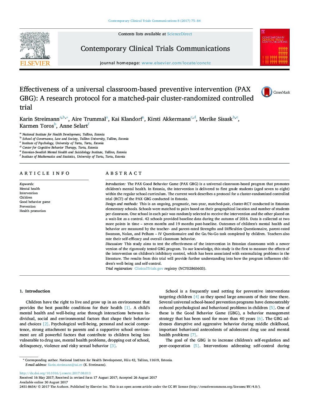 Effectiveness of a universal classroom-based preventive intervention (PAX GBG): A research protocol for a matched-pair cluster-randomized controlled trial