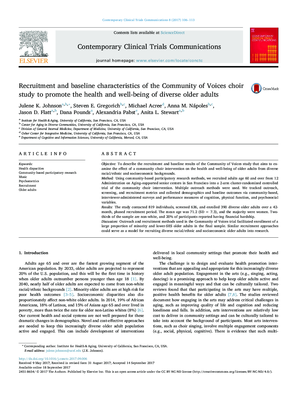 Recruitment and baseline characteristics of the Community of Voices choir study to promote the health and well-being of diverse older adults