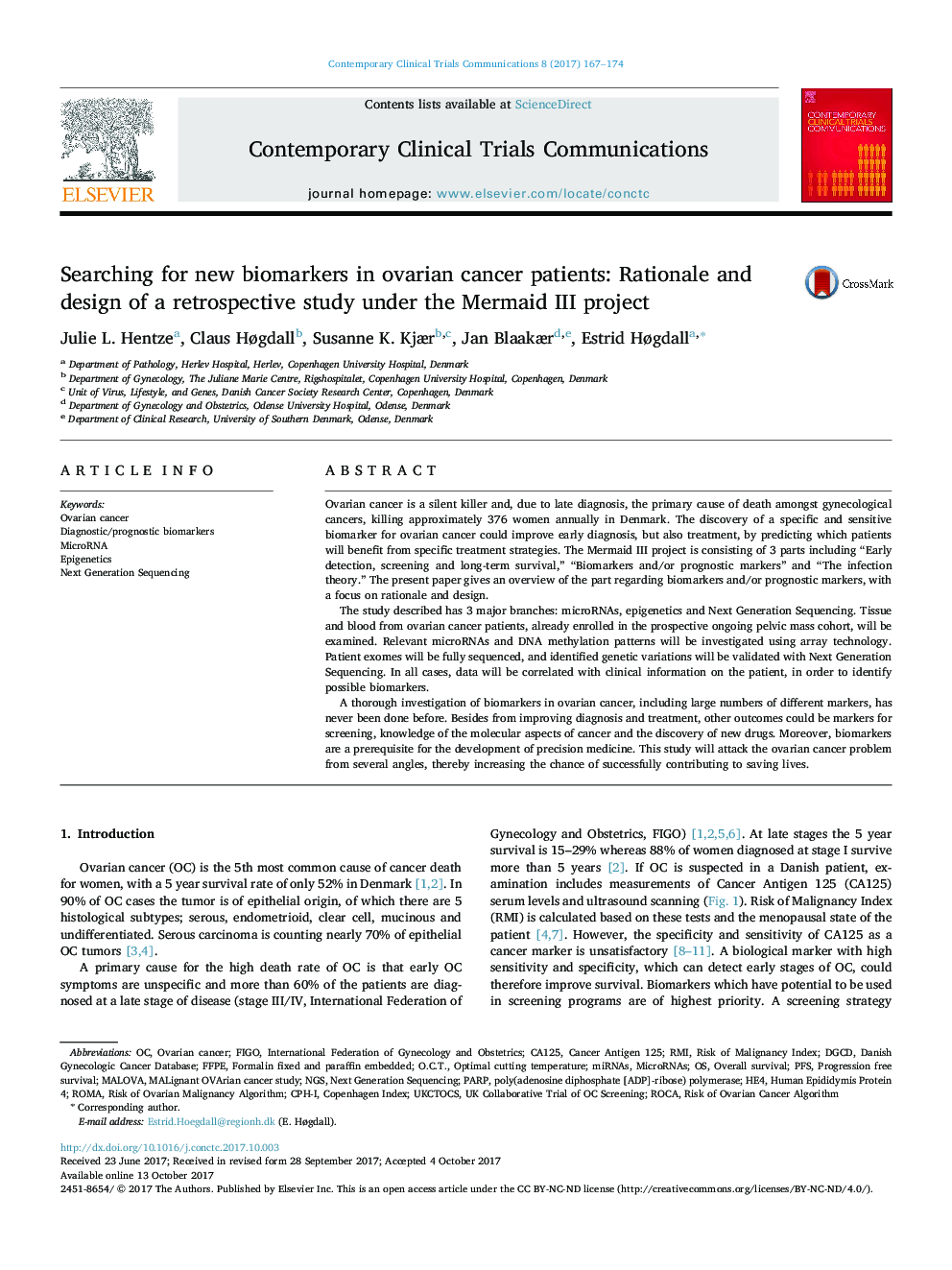 Searching for new biomarkers in ovarian cancer patients: Rationale and design of a retrospective study under the Mermaid III project