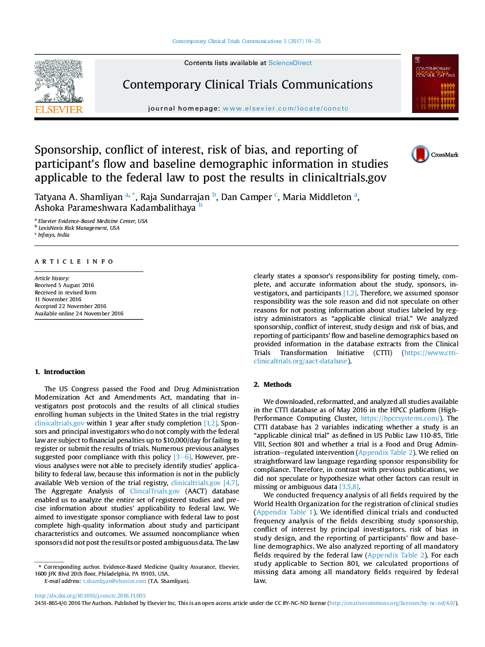 Sponsorship, conflict of interest, risk of bias, and reporting of participant's flow and baseline demographic information in studies applicable to the federal law to post the results in clinicaltrials.gov