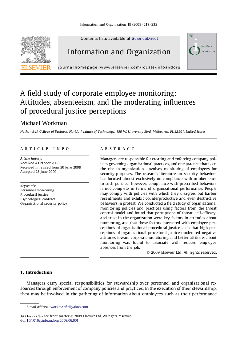 A field study of corporate employee monitoring: Attitudes, absenteeism, and the moderating influences of procedural justice perceptions