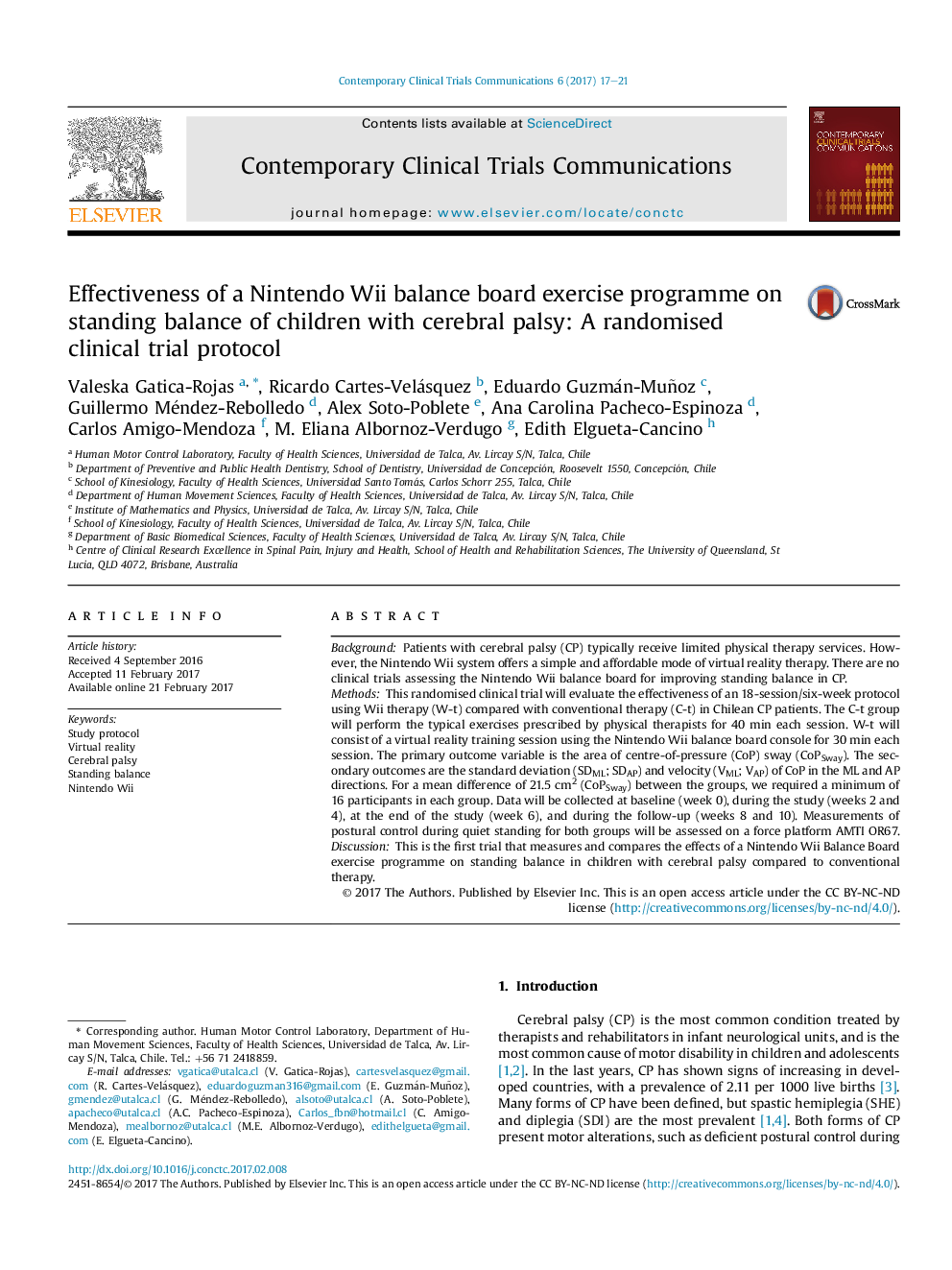 Effectiveness of a Nintendo Wii balance board exercise programme on standing balance of children with cerebral palsy: A randomised clinical trial protocol