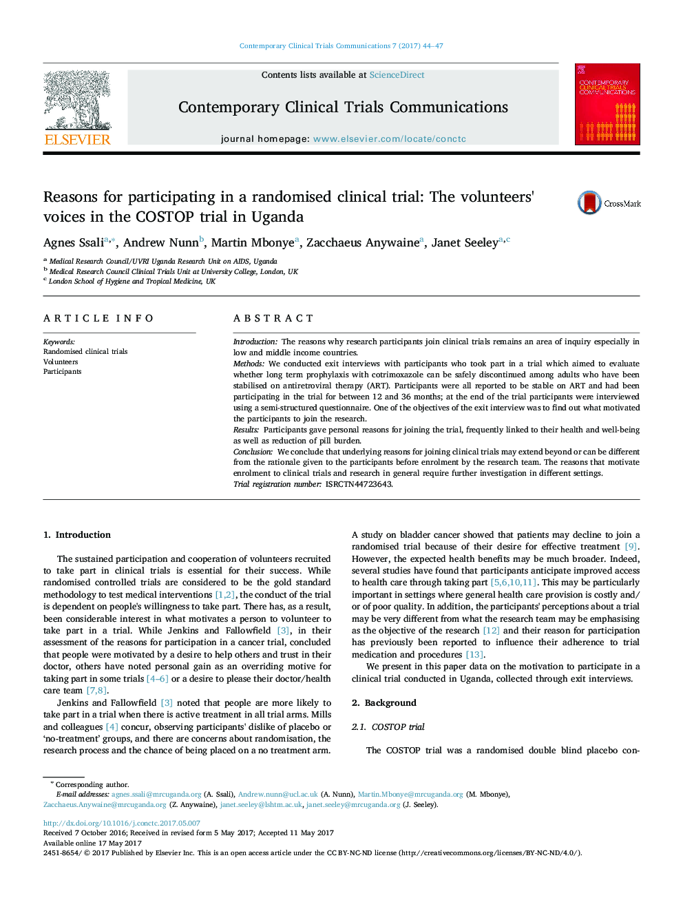 Reasons for participating in a randomised clinical trial: The volunteers' voices in the COSTOP trial in Uganda