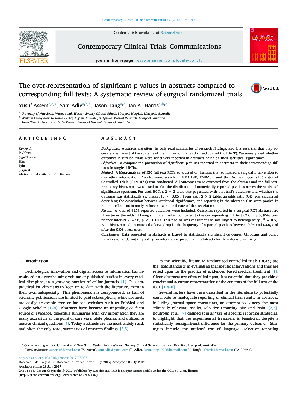 The over-representation of significant p values in abstracts compared to corresponding full texts: A systematic review of surgical randomized trials