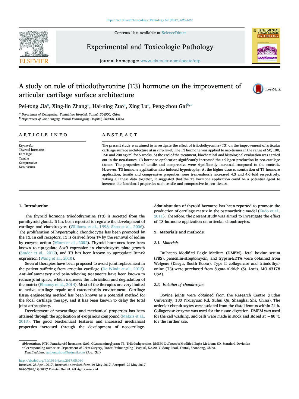 A study on role of triiodothyronine (T3) hormone on the improvement of articular cartilage surface architecture