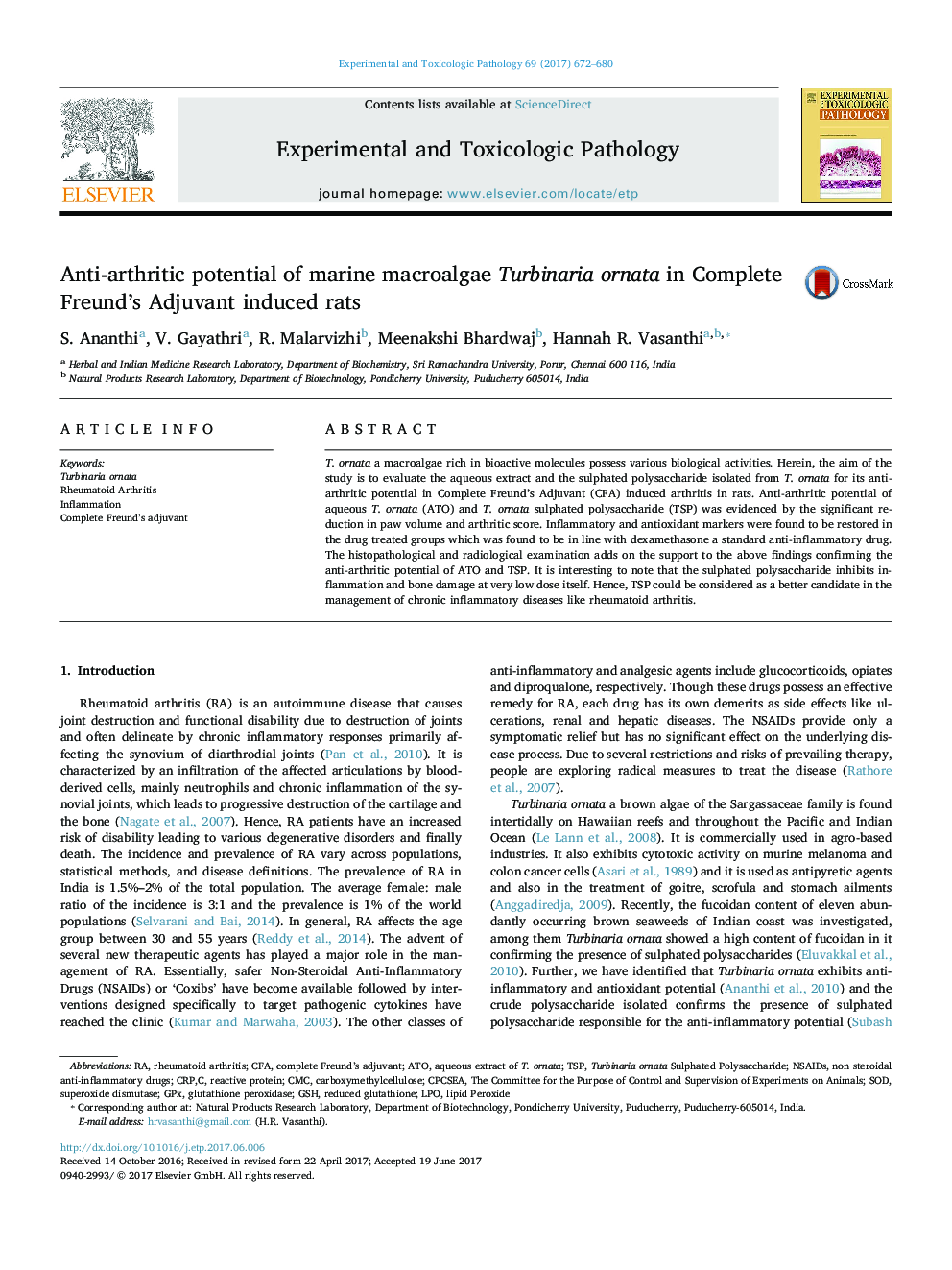 Anti-arthritic potential of marine macroalgae Turbinaria ornata in Complete Freund's Adjuvant induced rats