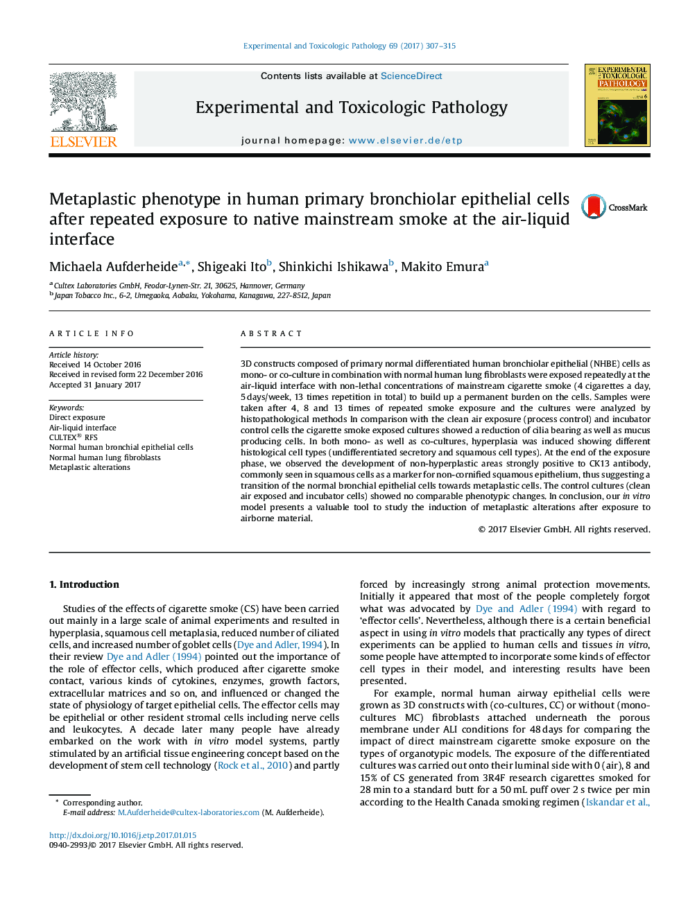 Metaplastic phenotype in human primary bronchiolar epithelial cells after repeated exposure to native mainstream smoke at the air-liquid interface