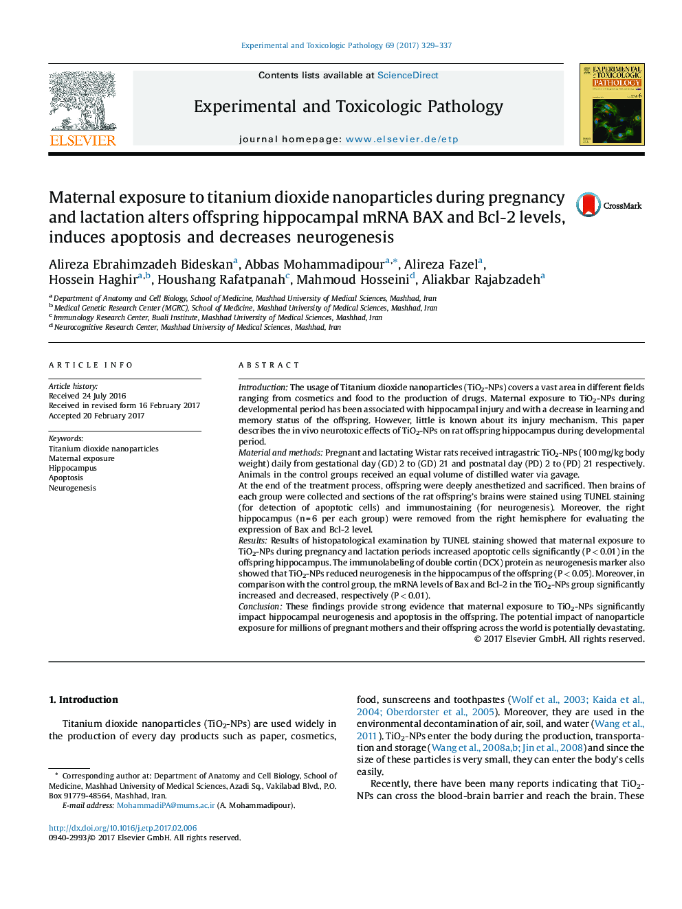 Maternal exposure to titanium dioxide nanoparticles during pregnancy and lactation alters offspring hippocampal mRNA BAX and Bcl-2 levels, induces apoptosis and decreases neurogenesis