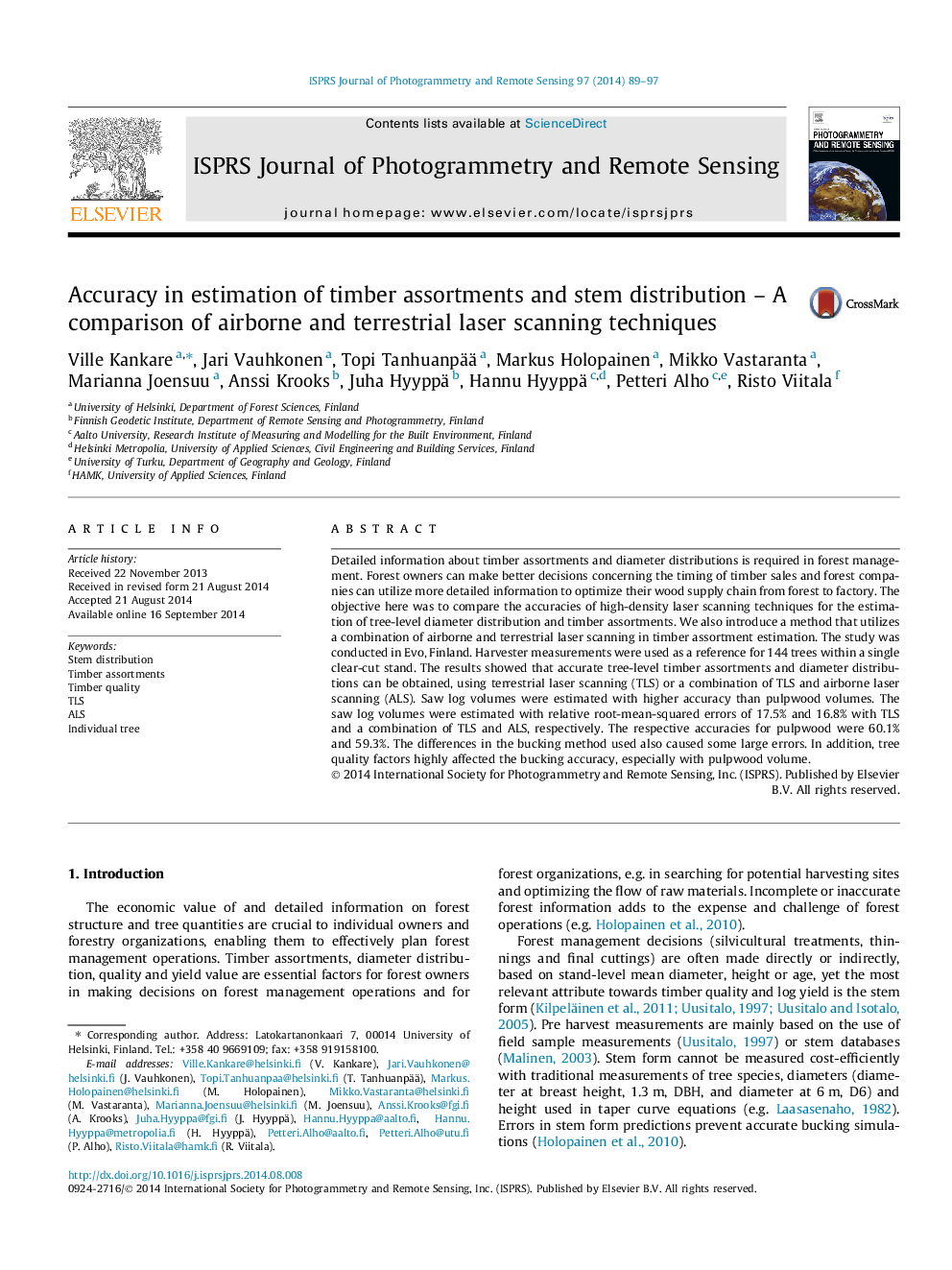 Accuracy in estimation of timber assortments and stem distribution – A comparison of airborne and terrestrial laser scanning techniques