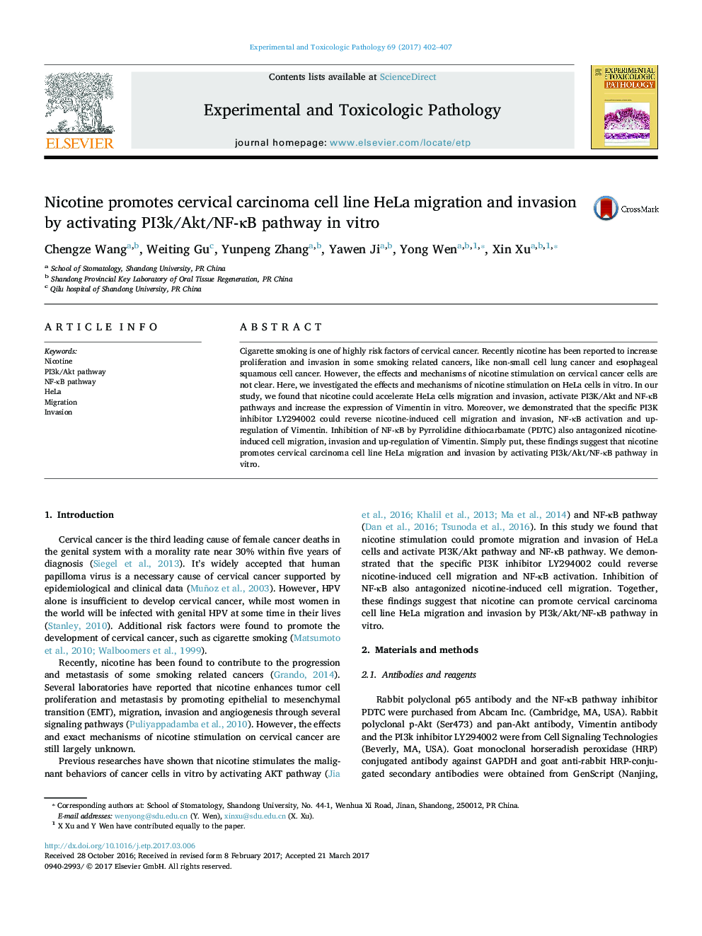 Nicotine promotes cervical carcinoma cell line HeLa migration and invasion by activating PI3k/Akt/NF-ÎºB pathway in vitro