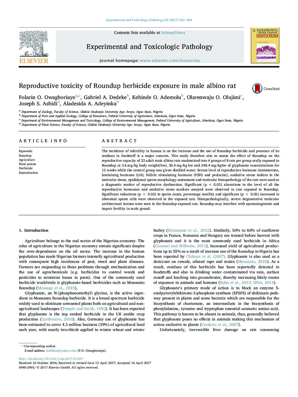 Reproductive toxicity of Roundup herbicide exposure in male albino rat