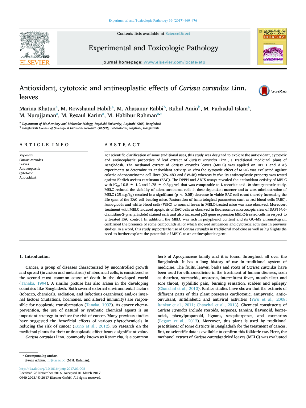 Antioxidant, cytotoxic and antineoplastic effects of Carissa carandas Linn. leaves