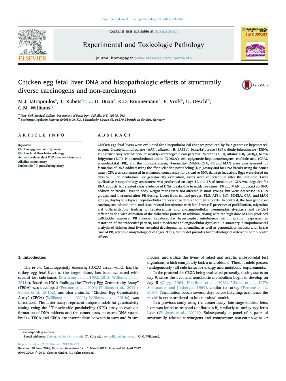 Chicken egg fetal liver DNA and histopathologic effects of structurally diverse carcinogens and non-carcinogens