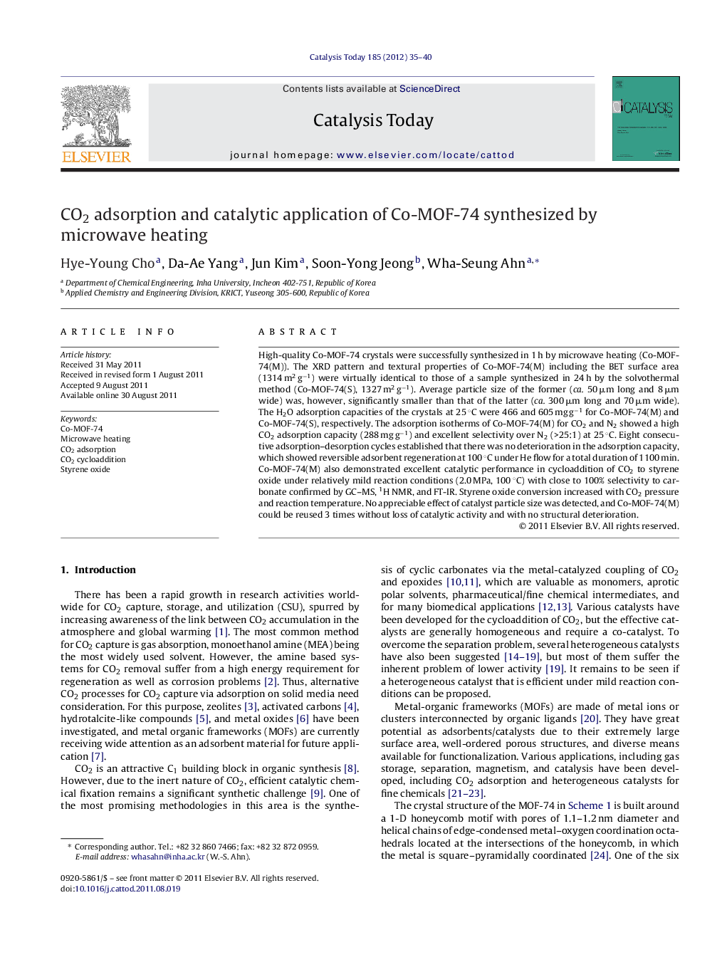 CO2 adsorption and catalytic application of Co-MOF-74 synthesized by microwave heating