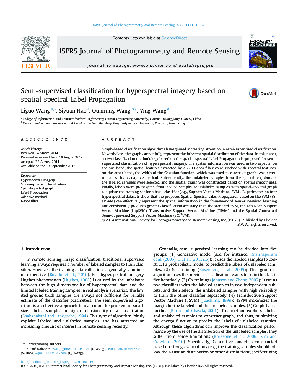 Semi-supervised classification for hyperspectral imagery based on spatial-spectral Label Propagation