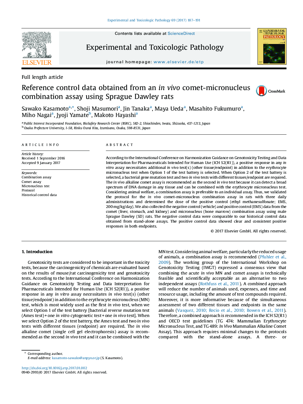 Reference control data obtained from an in vivo comet-micronucleus combination assay using Sprague Dawley rats