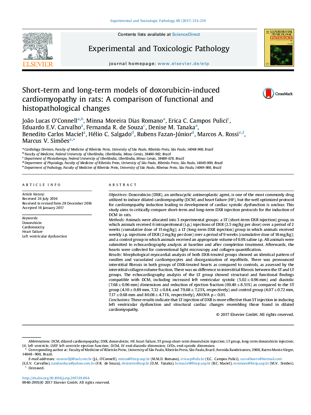 مدل های کوتاه مدت و بلند مدت کاردیومیوپاتی ناشی از دوکسوروبیسین در موش صحرایی: مقایسه تغییرات عملکردی و هیستوپاتولوژیک 