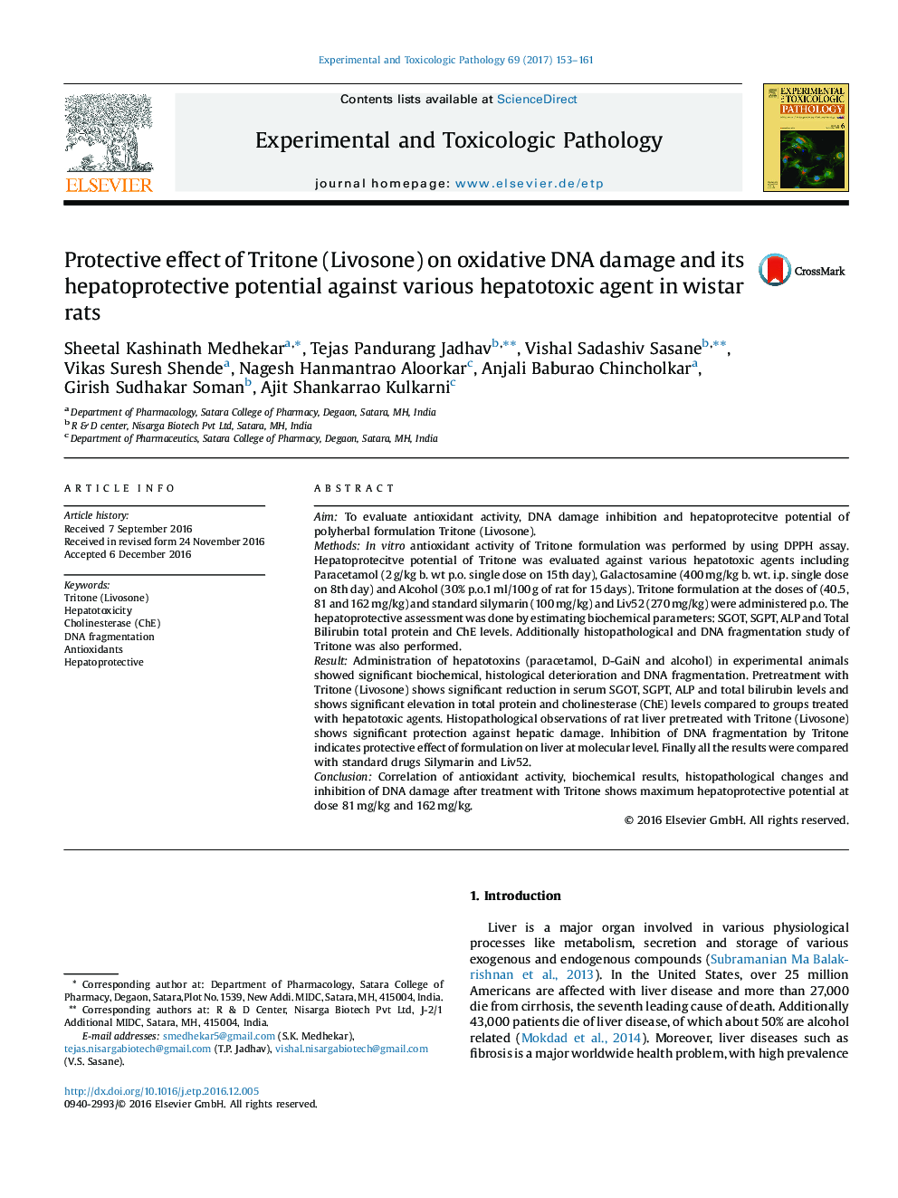 Protective effect of Tritone (Livosone) on oxidative DNA damage and its hepatoprotective potential against various hepatotoxic agent in wistar rats