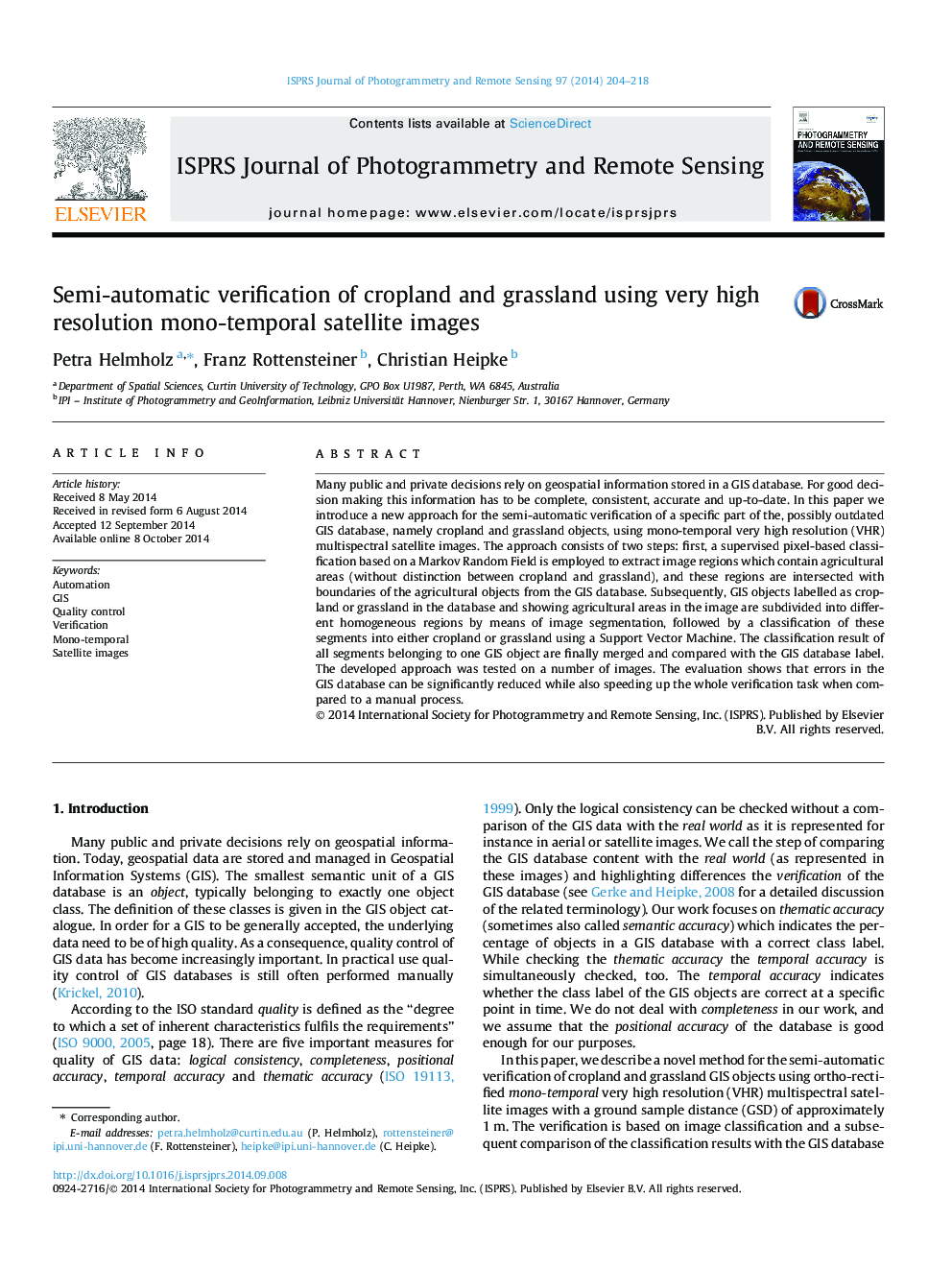 Semi-automatic verification of cropland and grassland using very high resolution mono-temporal satellite images