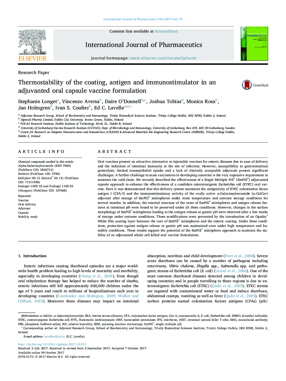 Thermostability of the coating, antigen and immunostimulator in an adjuvanted oral capsule vaccine formulation